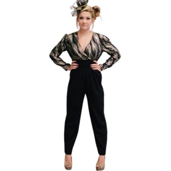 Black and Gold 70s Jumpsuit Wore by Tori Spelling Size Small - Picture 1 of 10